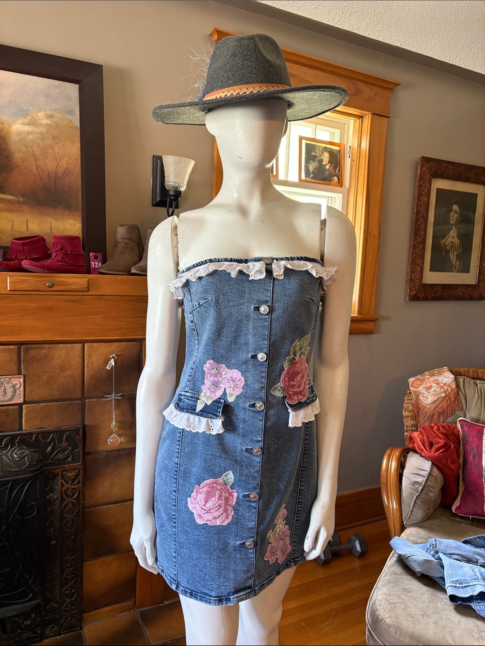 Up cycled strapless denim dress